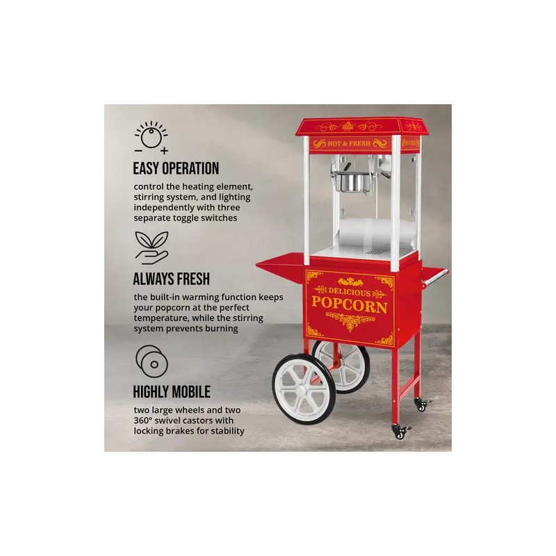Royal Catering Popcorn-kone vaunulla 1500 W, 5 kg/h, punainen