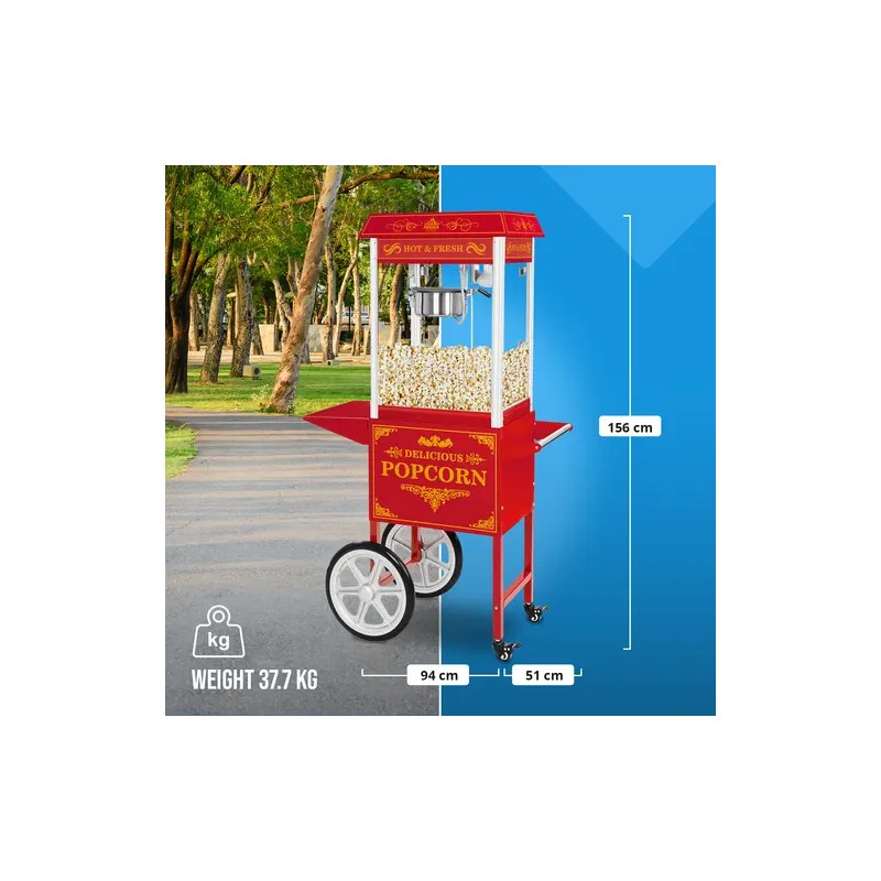 Royal Catering Popcorn-kone vaunulla 1500 W, 5 kg/h, punainen