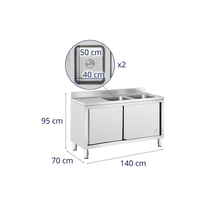 Royal Catering RC-IKS01 tiskiallaskaappi 2 altaalla ruostumaton teräs 140 x 70 cm