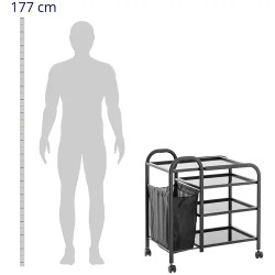 Kosmetiikkavaunu pyörillä ja 5 l pyykkipussilla, 4 lasihyllyä, musta