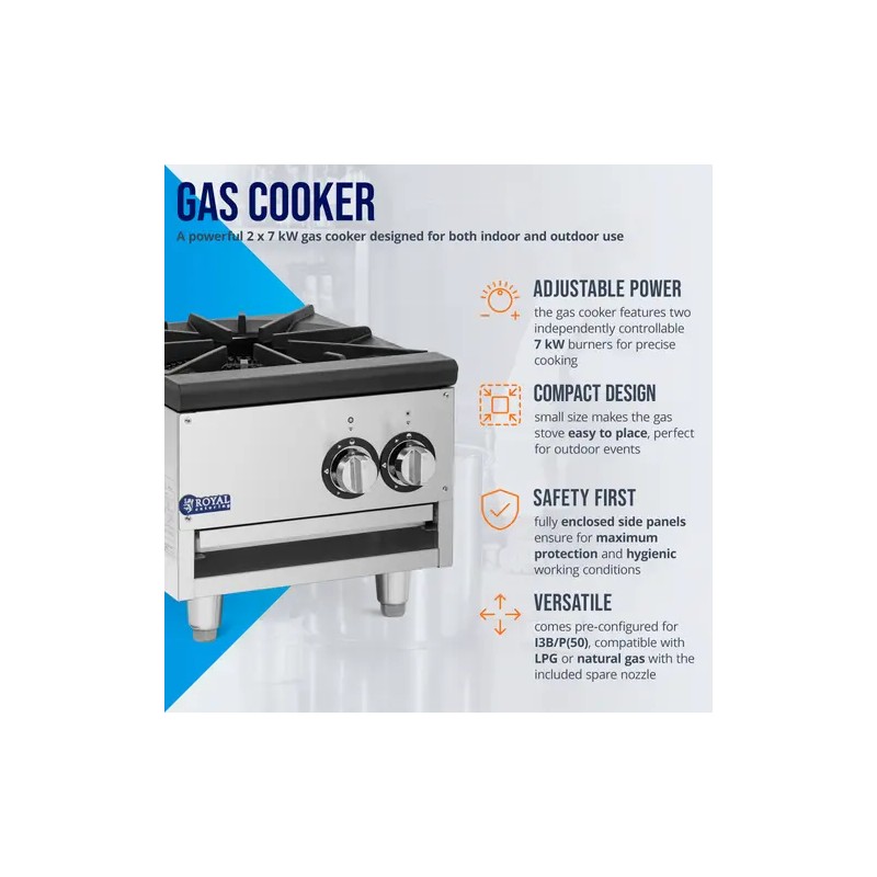 Royal Catering kaasupoltin 14 kW, 2 poltintia, ruostumaton teräs ja valurauta