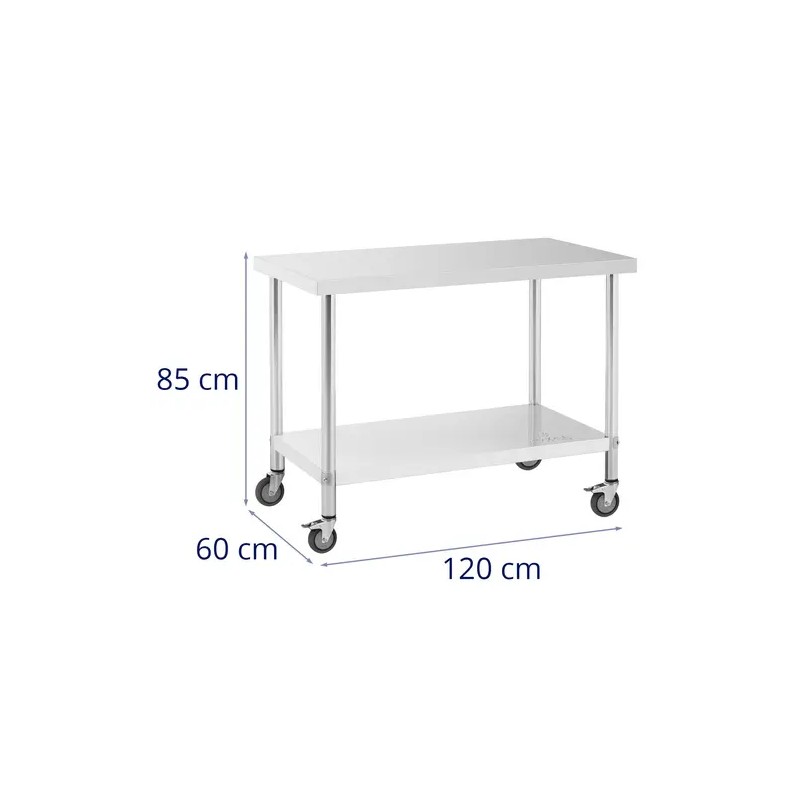 Royal Catering ruostumattomasta teräksestä valmistettu työpöytä pyörillä 60 x 120 cm