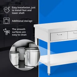 Royal Catering ruostumattomasta teräksestä valmistettu työpöytä 120 x 60 cm 3 vetolaatikkoa 436 kg