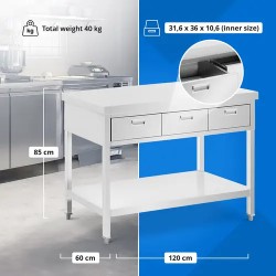 Royal Catering ruostumattomasta teräksestä valmistettu työpöytä 120 x 60 cm 3 vetolaatikkoa 436 kg