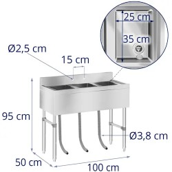 Royal Catering RCHS-5 tiskapöytä 3 allasta 100 x 50 x 95 cm ruostumaton teräs