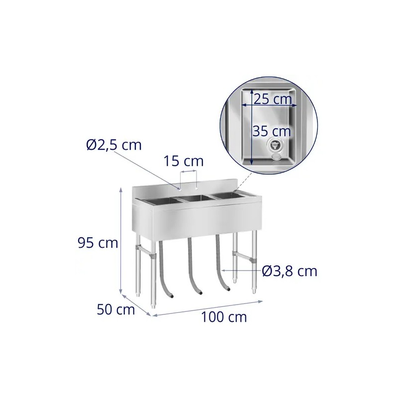 Royal Catering RCHS-5 tiskapöytä 3 allasta 100 x 50 x 95 cm ruostumaton teräs