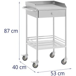 Laboratoriovaunu ruostumattomasta teräksestä, 2 hyllyä ja 1 laatikko, 40 kg