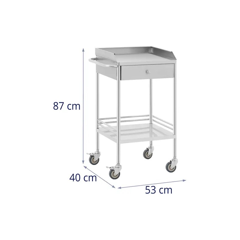 Laboratoriovaunu ruostumattomasta teräksestä, 2 hyllyä ja 1 laatikko, 40 kg