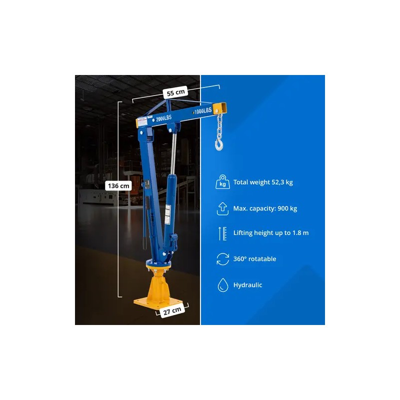 Hydraulinen nosturi 900 kg 360° kääntyvä säädettävä varsi
