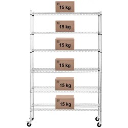 Royal Catering metallihylly 120 x 45 x 190 cm, 6 tasoa, 90 kg kantavuus, 4 pyörää