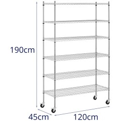 Royal Catering metallihylly 120 x 45 x 190 cm, 6 tasoa, 90 kg kantavuus, 4 pyörää