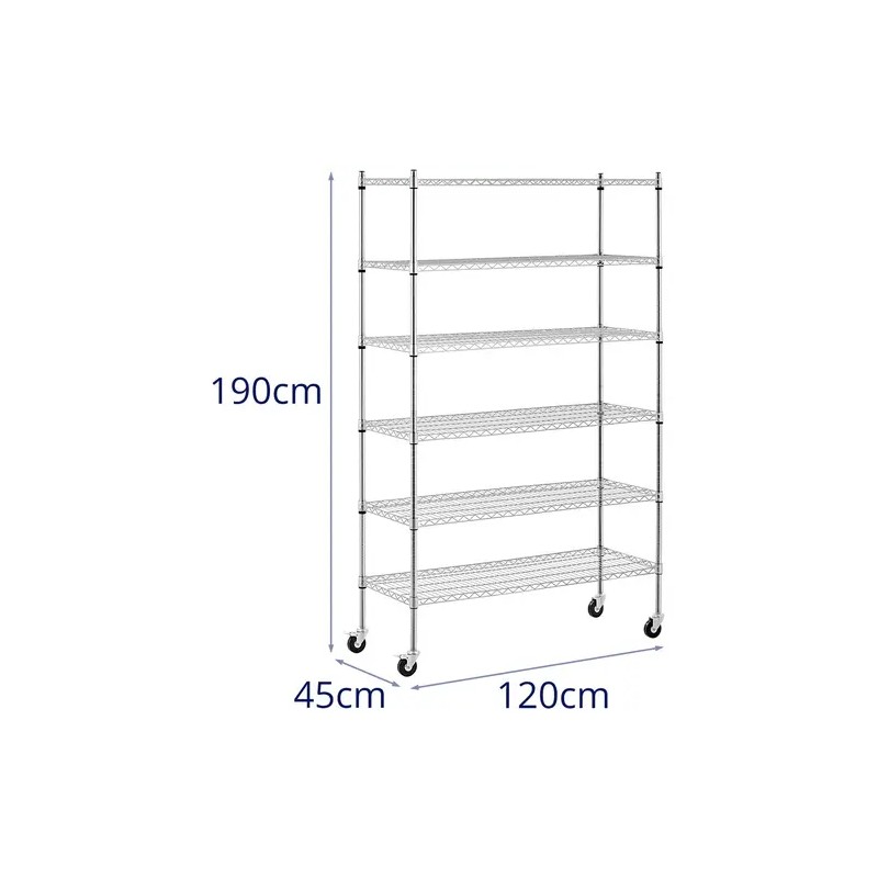 Royal Catering metallihylly 120 x 45 x 190 cm, 6 tasoa, 90 kg kantavuus, 4 pyörää