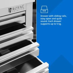 Royal Catering ruostumattomasta teräksestä valmistettu työpöytäkaappi 70 x 50 cm 7 vetolaatikolla