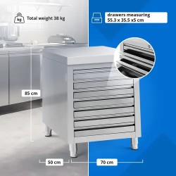 Royal Catering ruostumattomasta teräksestä valmistettu työpöytäkaappi 70 x 50 cm 7 vetolaatikolla