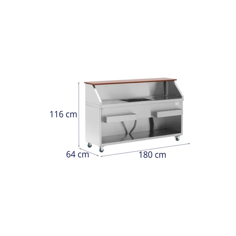 Royal Catering Mobile Cocktail-asema 180 cm puukuvioitu jääastialla ja tiskialtaalla