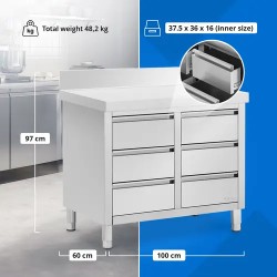 Royal Catering ruostumattomasta teräksestä valmistettu työpöytäkaappi 100 x 60 cm, 6 vetolaatikkoa