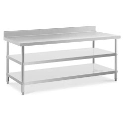 Royal Catering ECO ruostumaton työpöytä 200 x 90 cm 500 kg kantavuus välihyllyillä