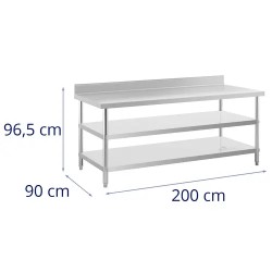 Royal Catering ECO ruostumaton työpöytä 200 x 90 cm, 500 kg kantavuus, välihyllyillä