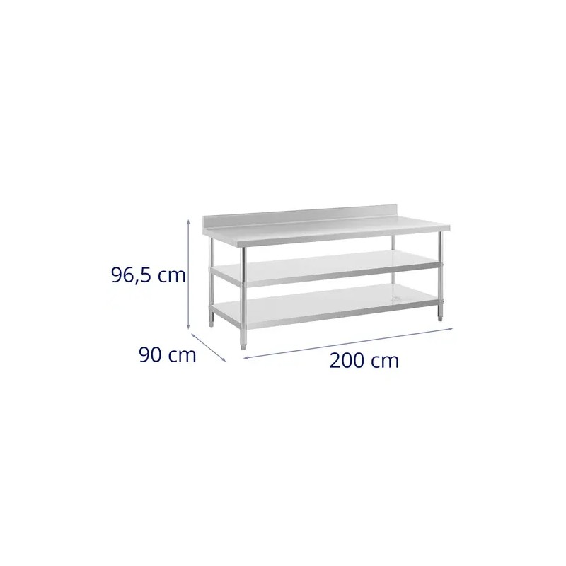 Royal Catering ECO ruostumaton työpöytä 200 x 90 cm, 500 kg kantavuus, välihyllyillä