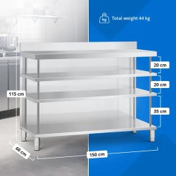 Royal Catering baarityöpöytä ruostumaton teräs 150 x 60 x 115 cm