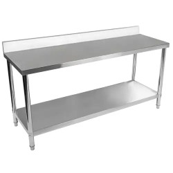 Royal Catering ruostumattomasta teräksestä valmistettu työpöytä 200 x 60 cm, 400 kg kantavuus, reunuksella