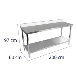 Royal Catering ruostumattomasta teräksestä valmistettu työpöytä 200 x 60 cm, 400 kg kantavuus, reunuksella