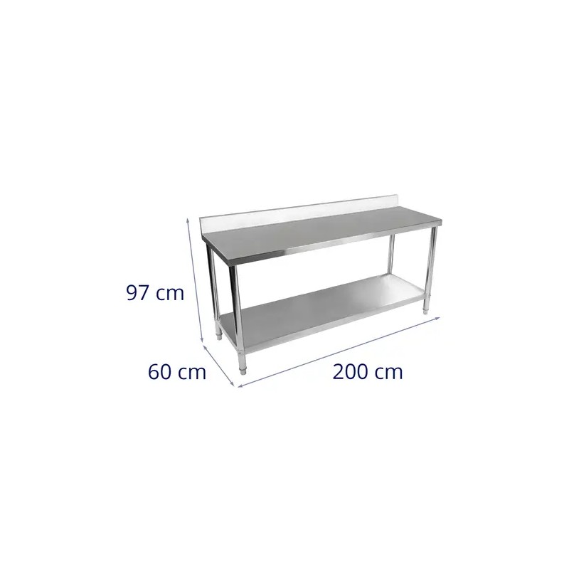 Royal Catering ruostumattomasta teräksestä valmistettu työpöytä 200 x 60 cm, 400 kg kantavuus, reunuksella