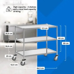Royal Catering ruostumattomasta teräksestä valmistettu tarjoiluvaunu, 3 hyllyä, 84,5 x 52,5 x 80 cm