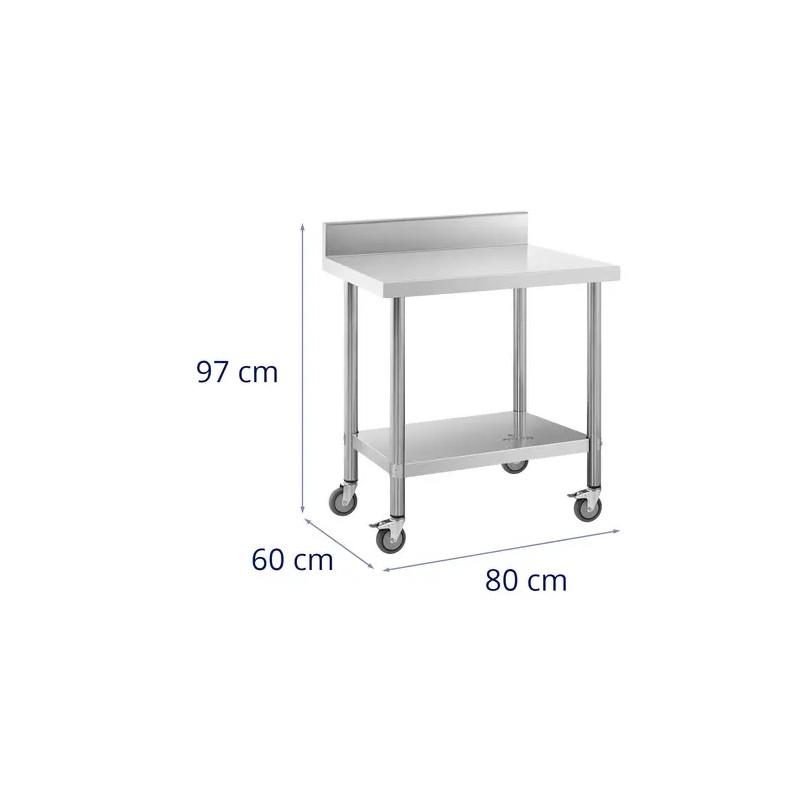 Royal Catering ruostumattomasta teräksestä valmistettu työpöytä pyörillä 60 x 80 cm