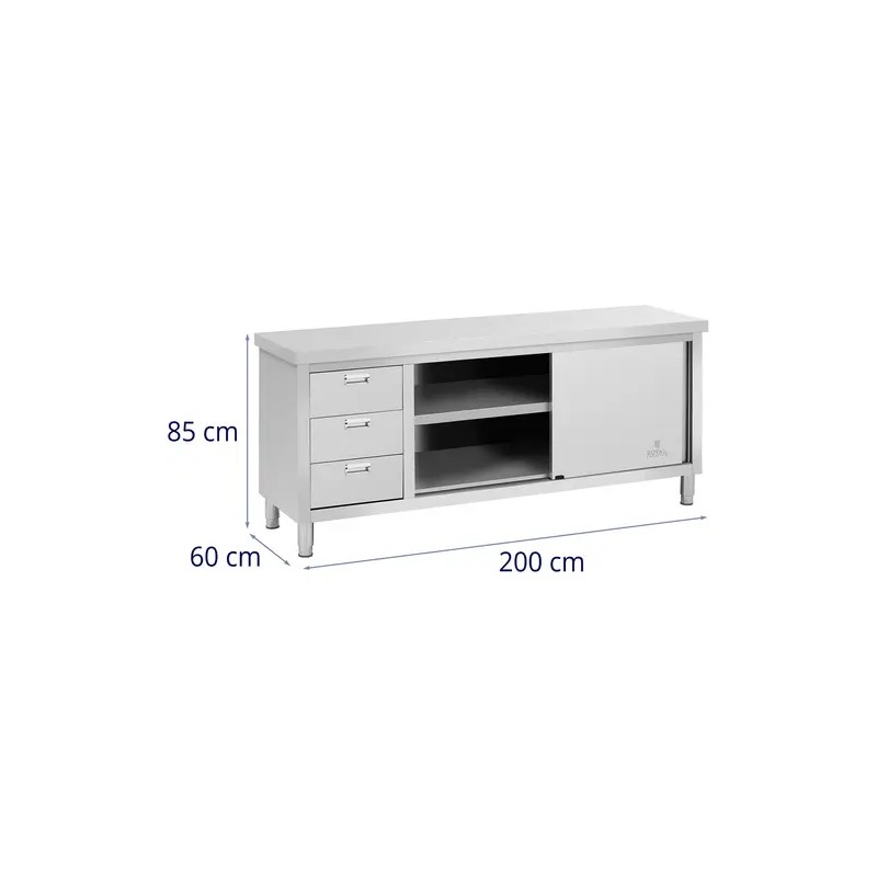 Royal Catering ECO ruostumattomasta teräksestä valmistettu työpöytäkaappi 200 x 60 cm 500 kg