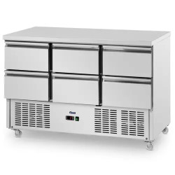 Royal Catering kylmälpöytä pyörillä 350 l 6 vetolaatikkoa 136 5 x 70 cm ruostumaton teräs