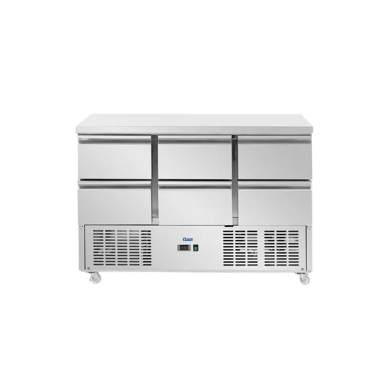 Royal Catering kylmälpöytä pyörillä 350 l 6 vetolaatikkoa 136,5 x 70 cm ruostumaton teräs