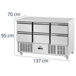 Royal Catering kylmälpöytä pyörillä 350 l 6 vetolaatikkoa 136,5 x 70 cm ruostumaton teräs