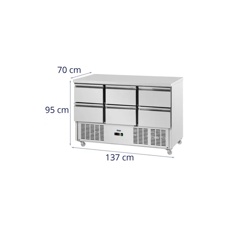 Royal Catering kylmälpöytä pyörillä 350 l 6 vetolaatikkoa 136,5 x 70 cm ruostumaton teräs