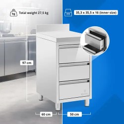 Royal Catering ruostumattomasta teräksestä valmistettu työpöytäkaappi 50 x 60 cm, 3 vetolaatikkoa