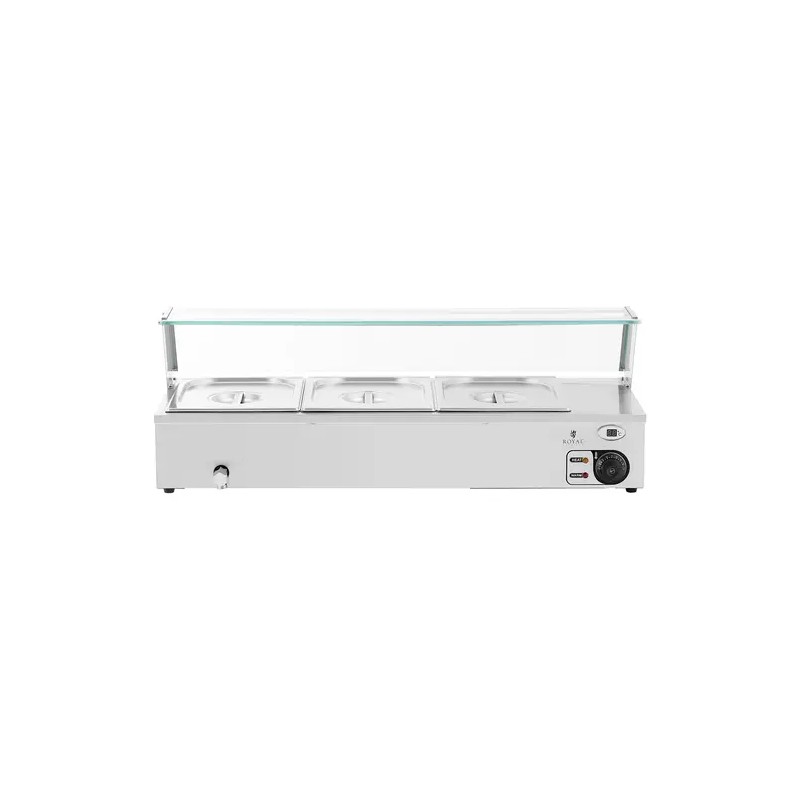 Royal Catering Bain Marie vesikylpylämmitin 2 000 W, 3 x GN 1/2, lasisuojalla ja poistoventtiilillä