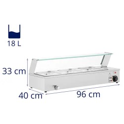 Royal Catering Bain Marie vesikylpylämmitin 2 000 W, 3 x GN 1/2, lasisuojalla ja poistoventtiilillä