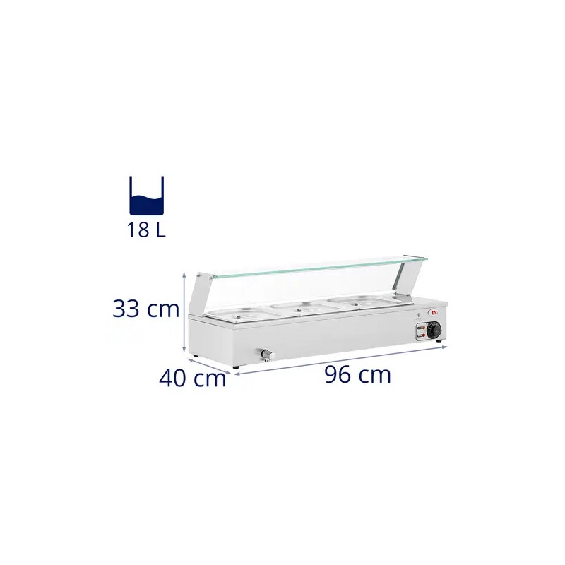 Royal Catering Bain Marie vesikylpylämmitin 2 000 W, 3 x GN 1/2, lasisuojalla ja poistoventtiilillä