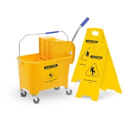 Siivousvaunusetti UNICLEAN 2 puristimella ja 2 varoituskyltillä 20 l keltainen