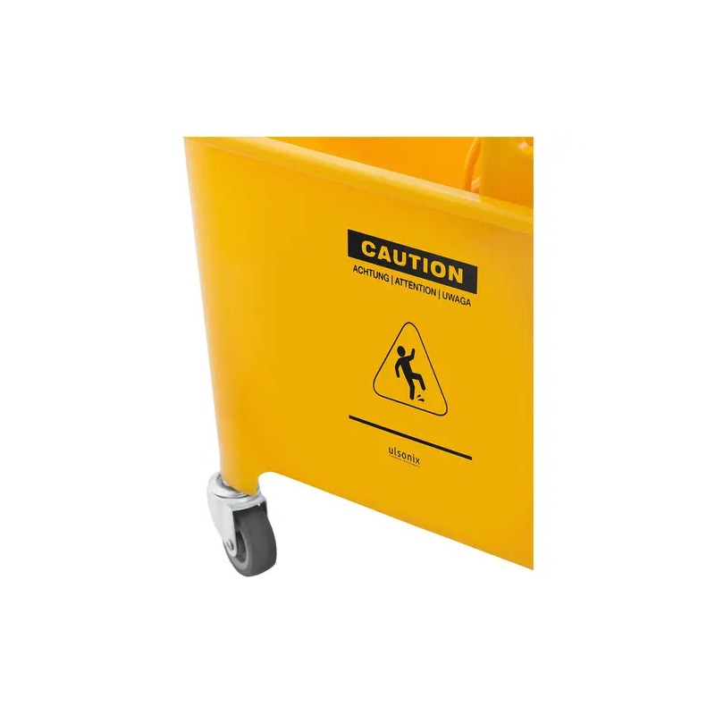 Siivousvaunusetti UNICLEAN 2 puristimella ja 2 varoituskyltillä, 20 l, keltainen