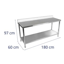 Royal Catering ruostumaton työpöytä 180 x 60 cm, 250 kg kantavuus, reunuksella