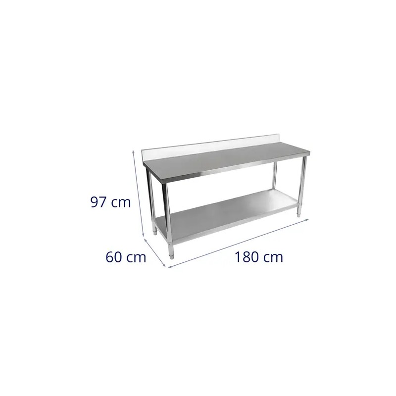 Royal Catering ruostumaton työpöytä 180 x 60 cm, 250 kg kantavuus, reunuksella