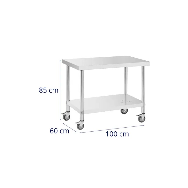 Royal Catering ruostumattomasta teräksestä valmistettu työpöytä pyörillä 60 x 100 cm