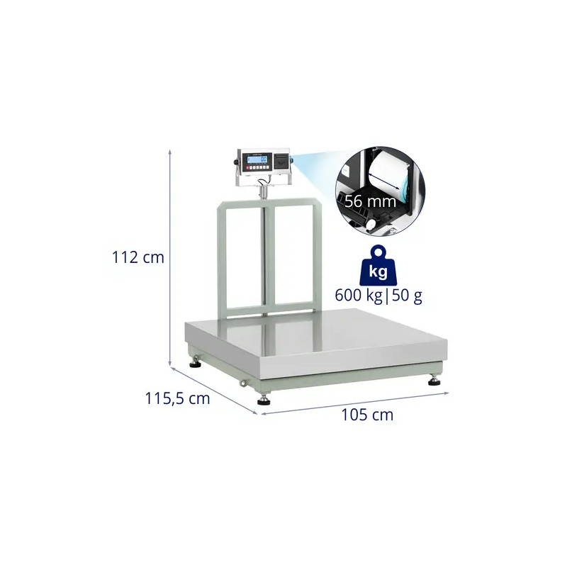 Alustavaaka 600 kg / 0,05 kg, 100 x 100 cm, LCD-näyttö ja etikettitulostin