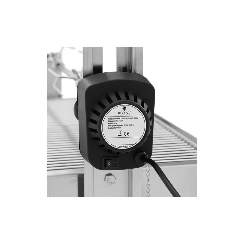 Royal Catering Rotisserie-hiiligrilli moottorilla 15 kg, vartaan pituus 82 cm, ruostumaton teräs