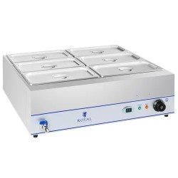 Royal Catering RCBM-6W-2000 Bain Marie -ruoanlämmitin 2000 W, 6 x 1/3 GN-astia, poistoventtiili