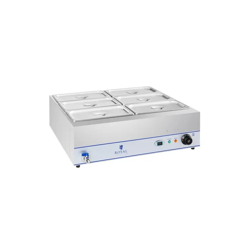 Royal Catering RCBM-6W-2000 Bain Marie -ruoanlämmitin 2000 W, 6 x 1/3 GN-astia, poistoventtiili