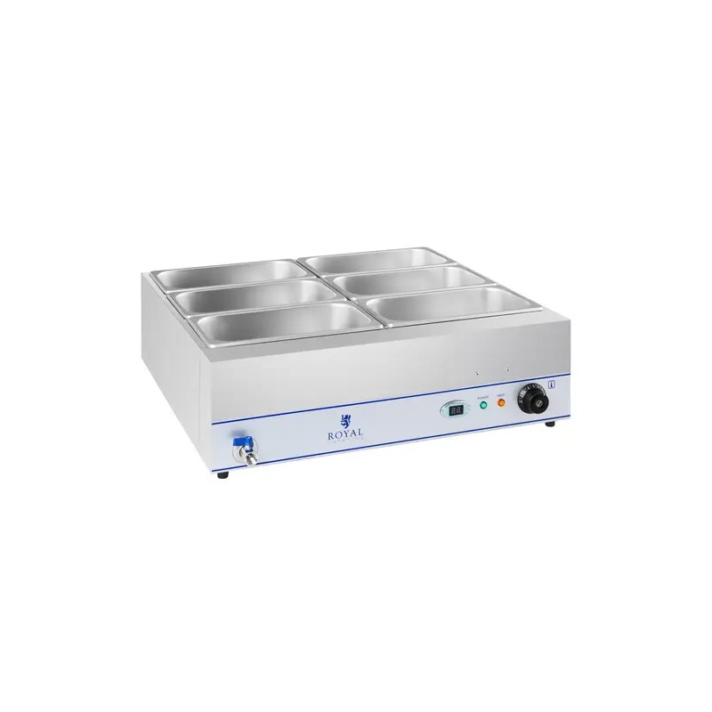 Royal Catering RCBM-6W-2000 Bain Marie -ruoanlämmitin 2000 W, 6 x 1/3 GN-astia, poistoventtiili