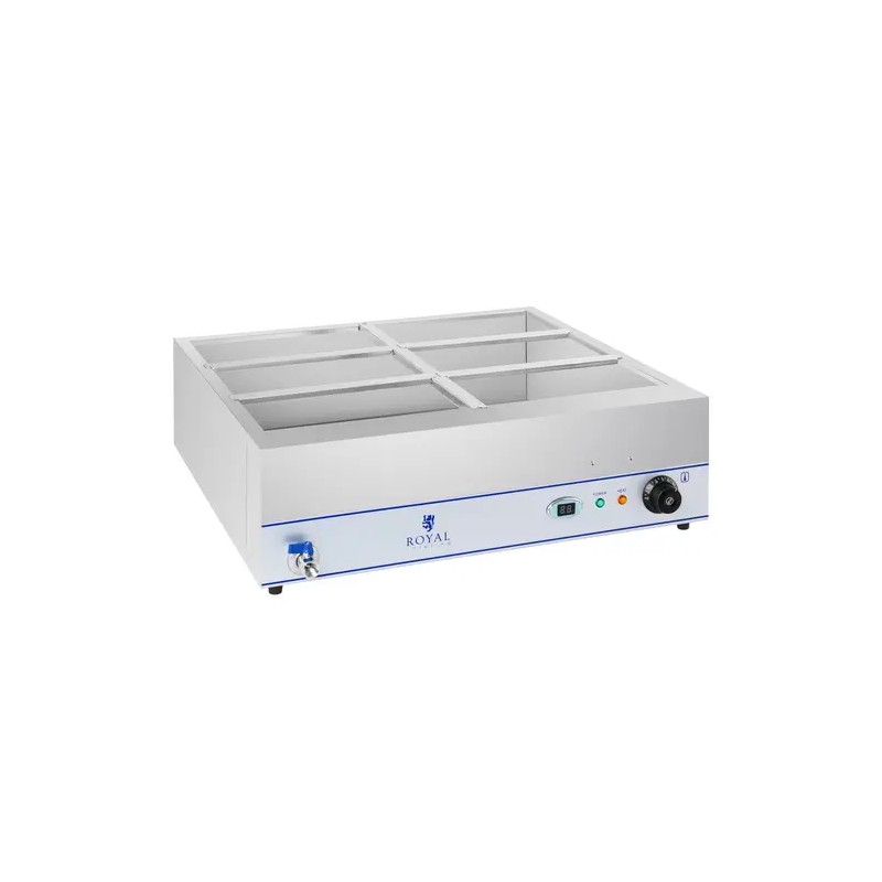 Royal Catering RCBM-6W-2000 Bain Marie -ruoanlämmitin 2000 W, 6 x 1/3 GN-astia, poistoventtiili