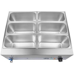Royal Catering RCBM-6W-2000 Bain Marie -ruoanlämmitin 2000 W, 6 x 1/3 GN-astia, poistoventtiili